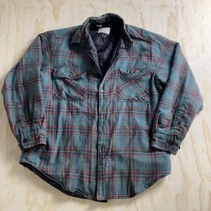 Vintage Pierre Shirt Jacket Mens Large Green Plaid Quilted Flannel Button Lined